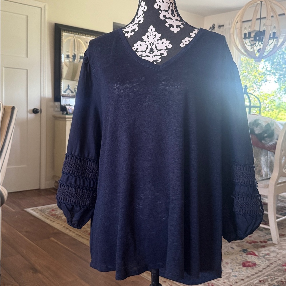 Chico’s Navy Blue V-Neck Blouse with Crochet Sleeves